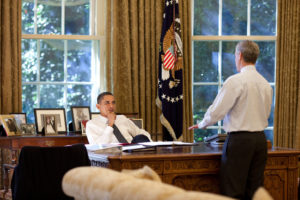 President Barack Obama meets with White House Chief of Staff Rahm Emanuel in the Oval Office, Oct. 9, 2009.  (Official White House Photo by Pete Souza) This official White House photograph is being made available only for publication by news organizations and/or for personal use printing by the subject(s) of the photograph. The photograph may not be manipulated in any way and may not be used in commercial or political materials, advertisements, emails, products, promotions that in any way suggests approval or endorsement of the President, the First Family, or the White House.